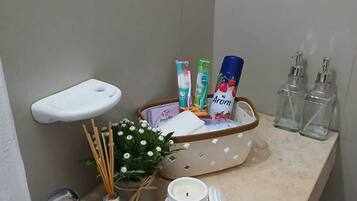 Hair dryer, bidet, towels, soap