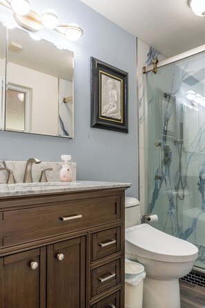 Shower, hair dryer, bidet, towels