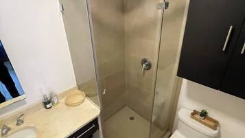 Hair dryer, towels, soap, toilet paper