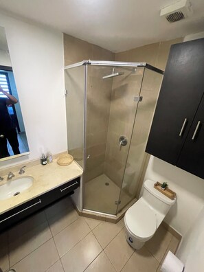 Hair dryer, towels, soap, toilet paper