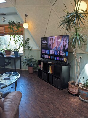 Un salon avec un téléviseur à écran plat affichant l’interface d’un service de diffusion en continu, une table basse, un canapé et plusieurs plantes en pot.