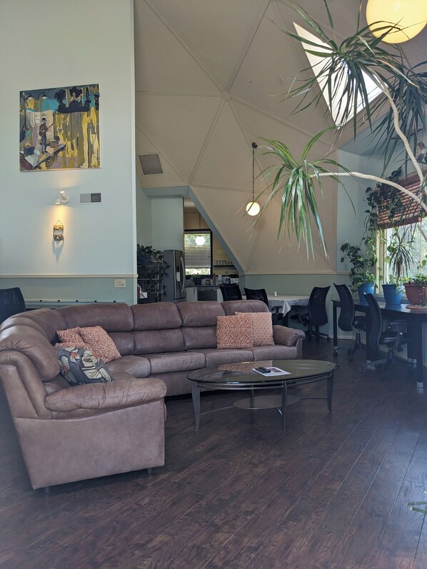 A spacious living area with a brown leather sofa, a glass coffee table, and a large potted plant.