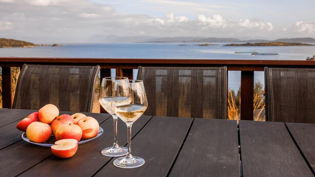 A wooden table with a plate of apples and two wine glasses, overlooking a body of water and distant land.