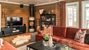 A cozy living room with a fireplace, a television, and a sofa. - Stunning home in Bjorli with sauna (Bjorli)