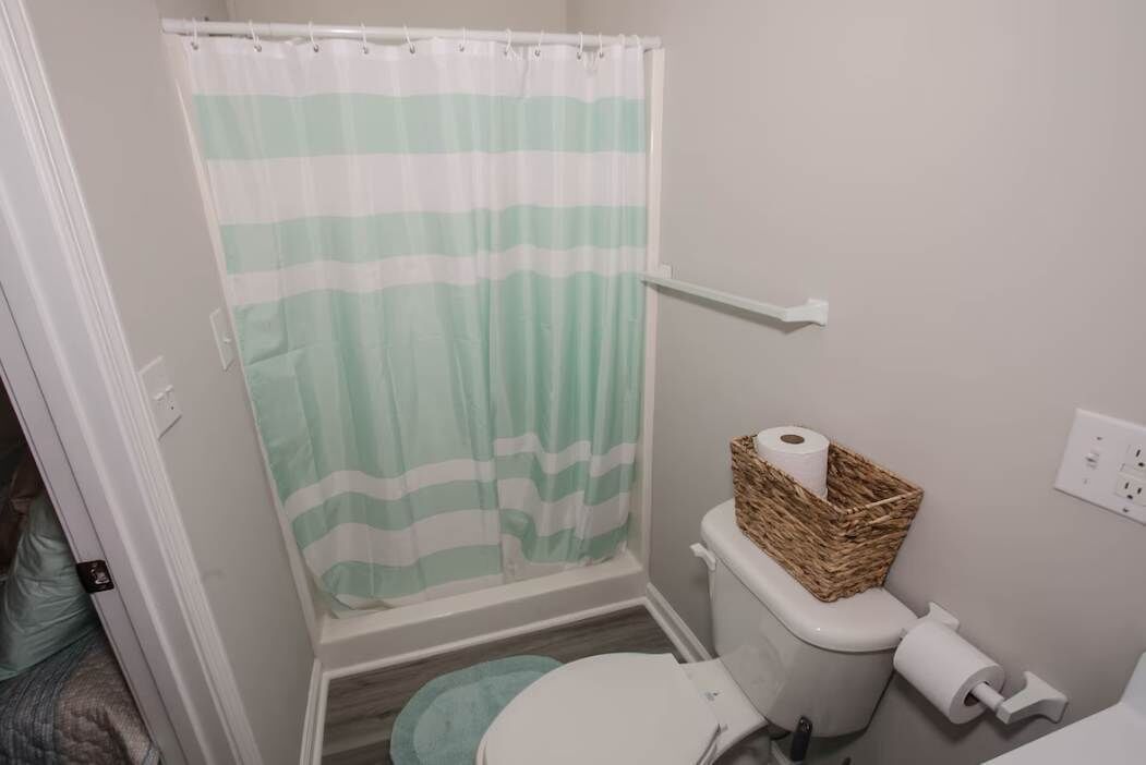 A bathroom with a shower curtain, toilet, and a basket of toilet paper.