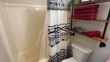 Hair dryer, towels, toilet paper