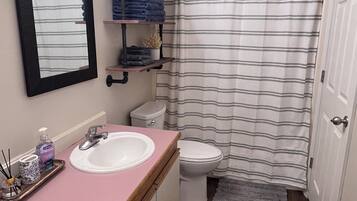 Hair dryer, towels, toilet paper