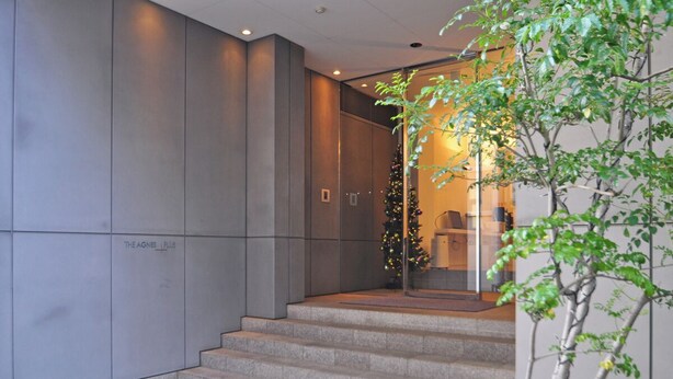 Ingresso di un edificio moderno con una scala che conduce a un interno illuminato, un albero in vaso e un muro con una parziale visualizzazione di un cartello.