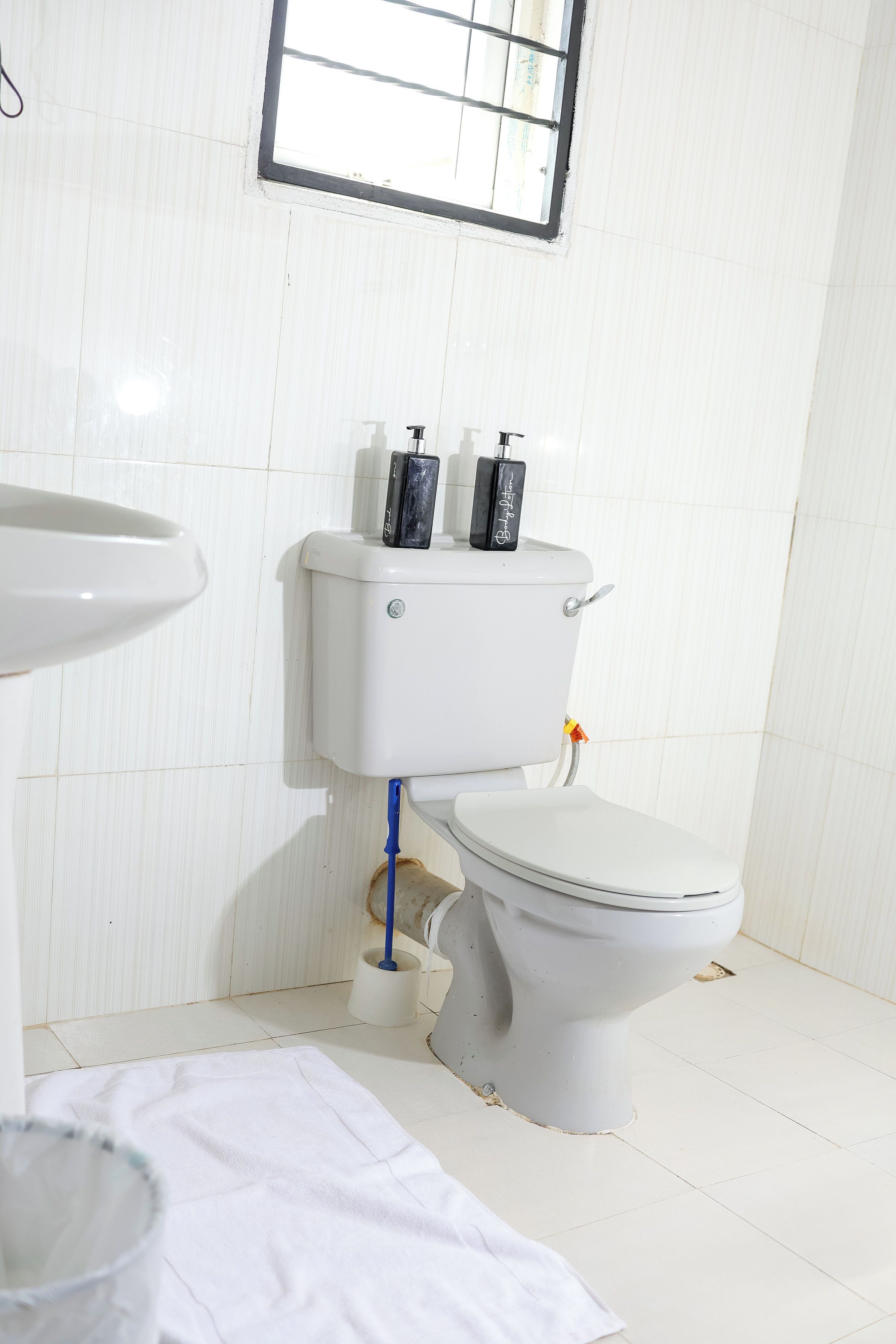 A bathroom with a toilet, a sink, and a window.