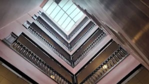 A multi-level atrium with a central skylight, multiple staircases, and a modern architectural design.