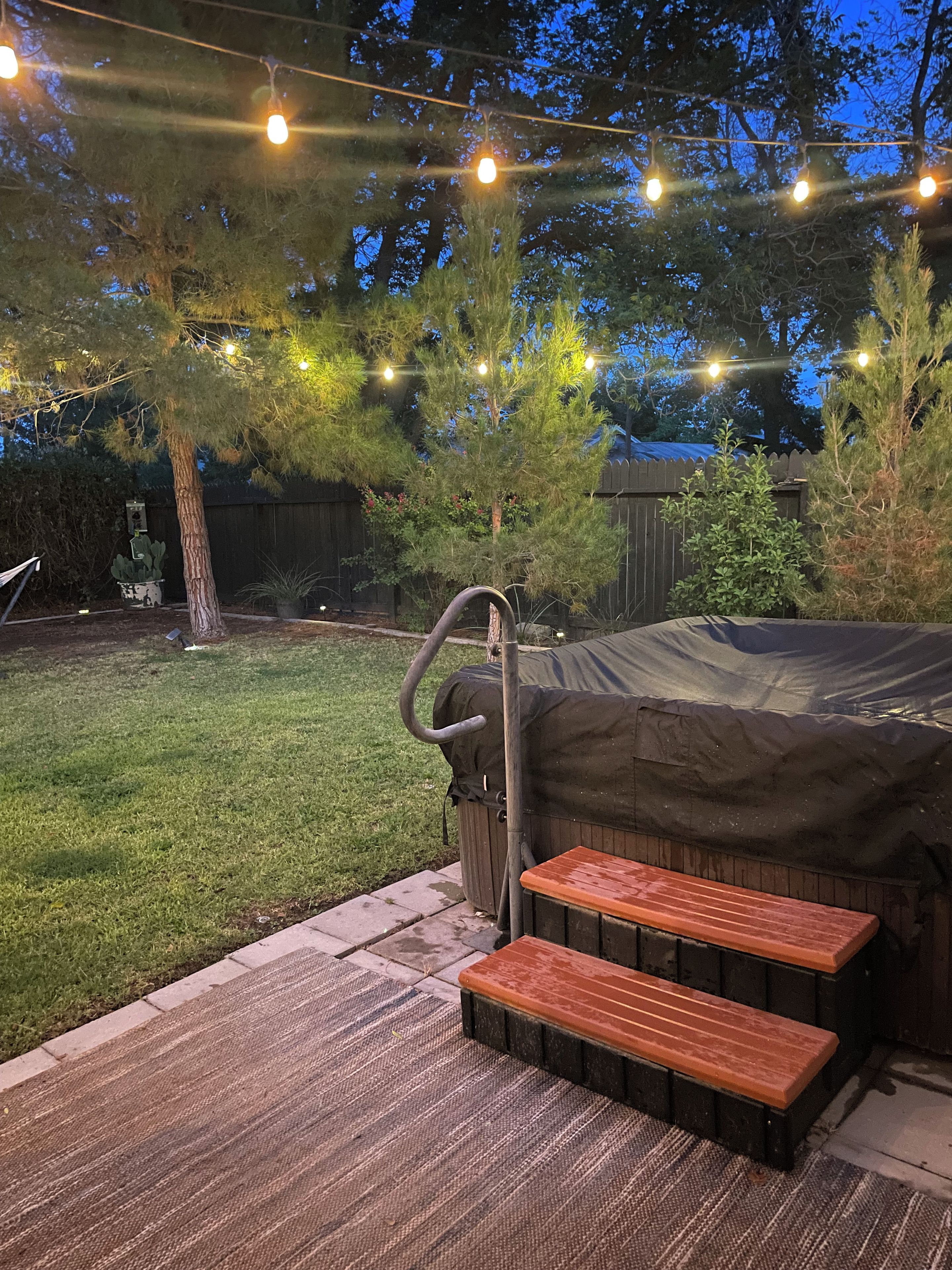 Un jardin avec un jacuzzi extérieur abrité, une terrasse en bois et des guirlandes lumineuses.