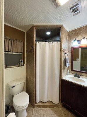 Ein Badezimmer mit Toilette, einer Duschvorhang, einem Waschbecken mit Spiegel und einem Handtuch an der Wand.