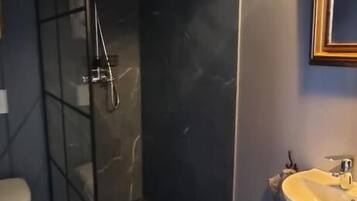 A modern bathroom with a glass-enclosed shower, a white toilet, and a sink with a mirror above it.