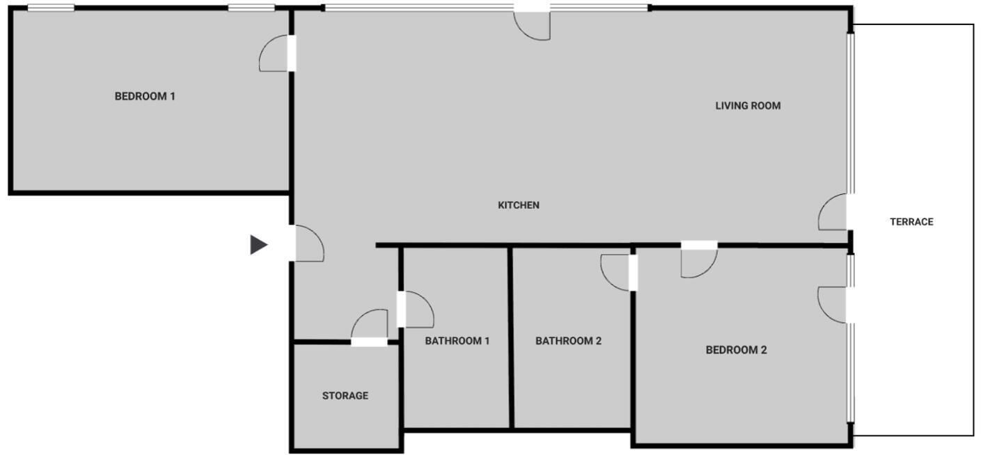 A floor plan with two bedrooms, a living room, kitchen, two bathrooms, a storage area, and a terrace.
