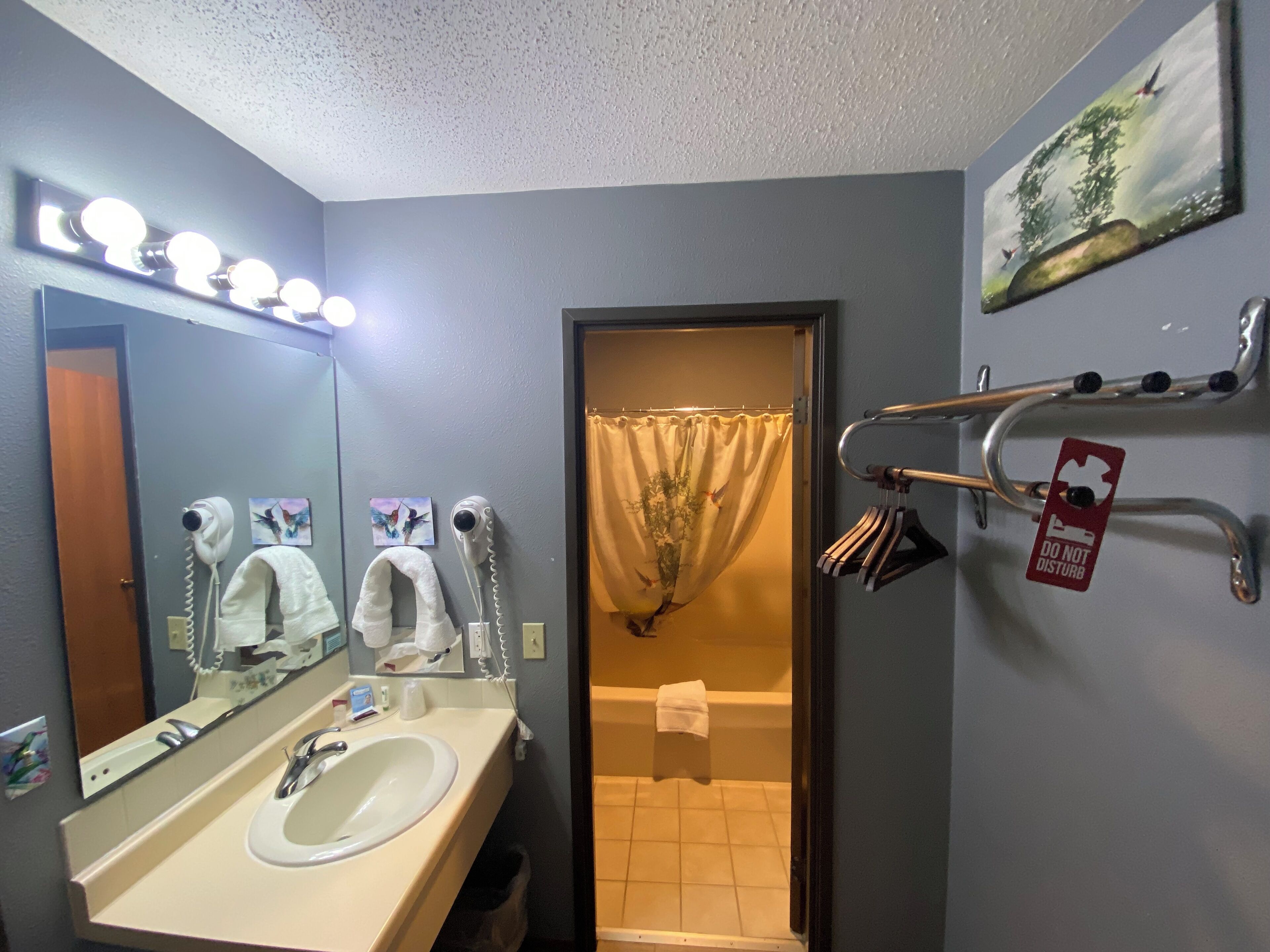 Un baño con lavamanos, espejo, secador de pelo y toallero.