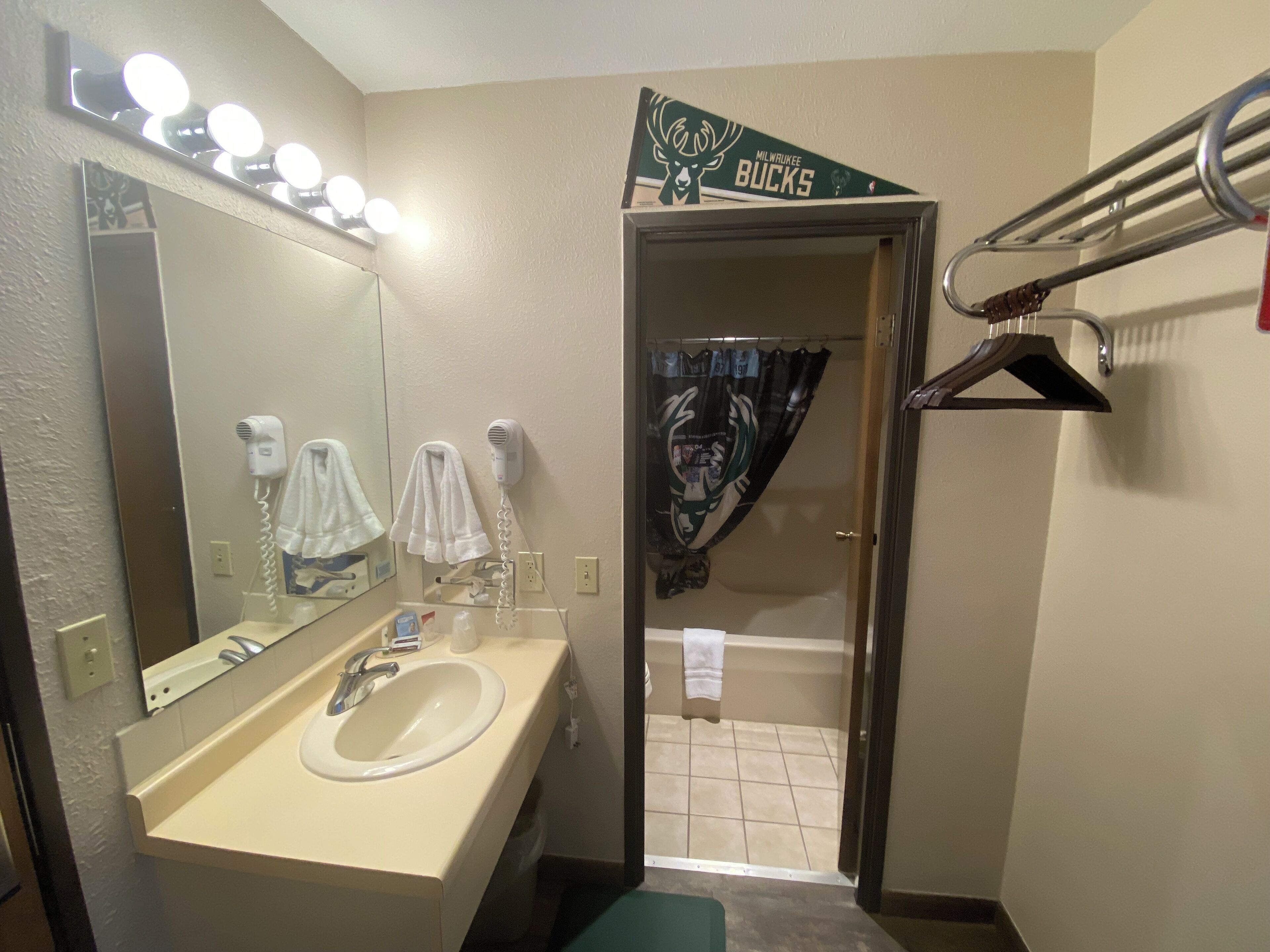 A bathroom with a sink, mirror, hair dryer, and towel rack.