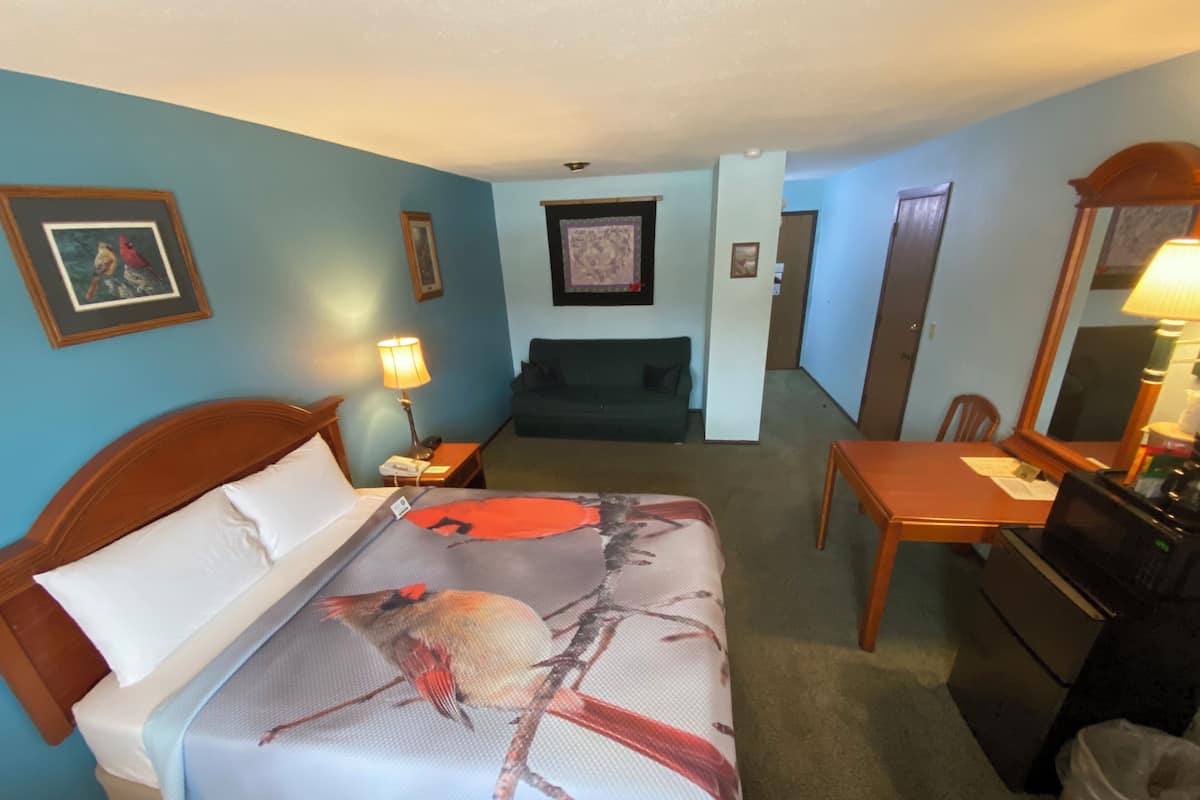 Una habitación de hotel con cama, escritorio, silla, cómoda y sofá.