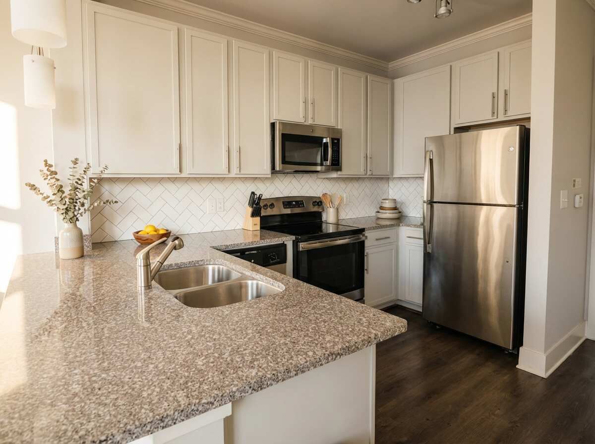 A kitchen with white cabinets, stainless steel appliances, and a granite countertop.
