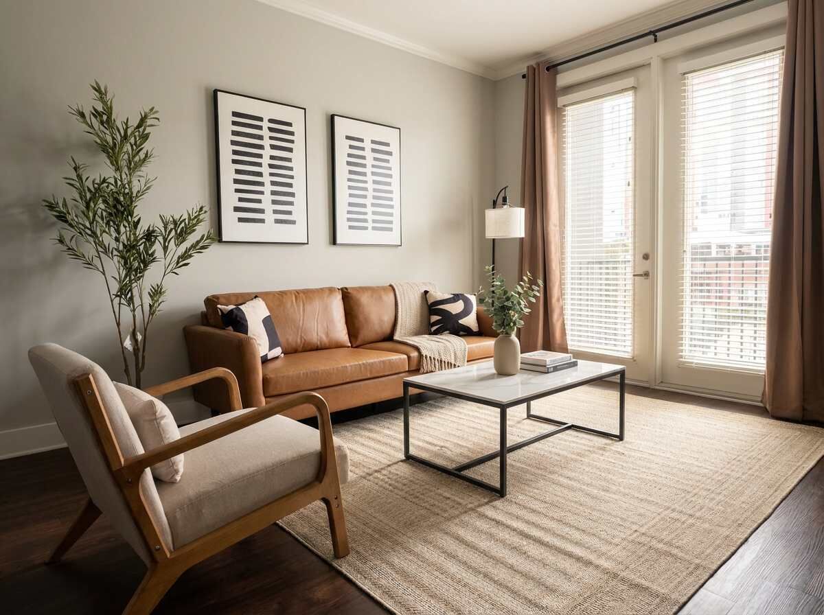 Una sala de estar con un sofá de cuero marrón, un sillón de madera, una mesa de centro de vidrio y un ventanal con persianas.