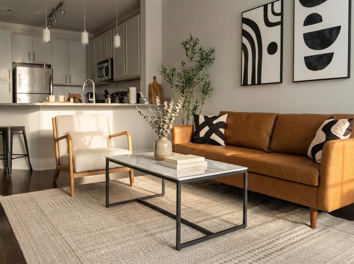 Una sala de estar moderna con un sofá, una mesa de centro y un comedor con una cocina al fondo.