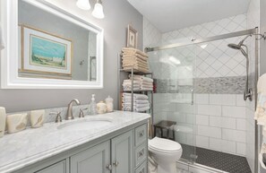 Hair dryer, towels, toilet paper