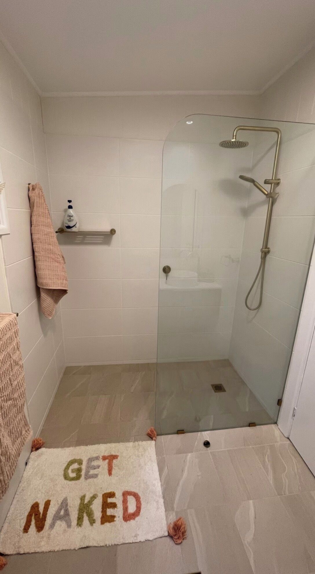 Shower, towels, soap, toilet paper