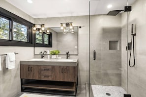 Shower, hair dryer, soap, shampoo