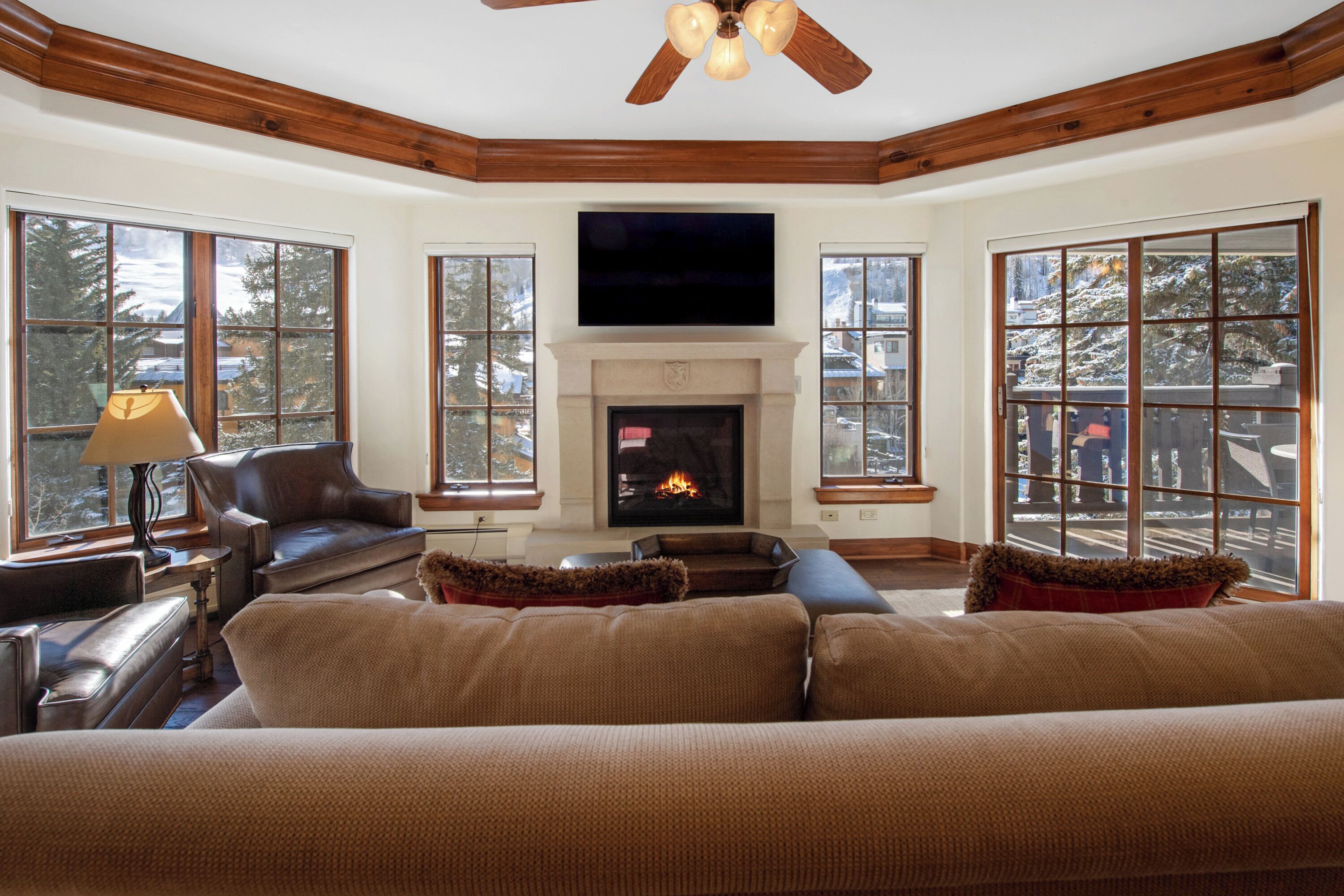 Télévision, cheminée, écrans d'ordinateur