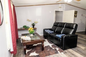 Ein Wohnzimmer mit einem Ledersofa, einem Glastisch und einer kleinen Pflanze auf einem Beistelltisch.