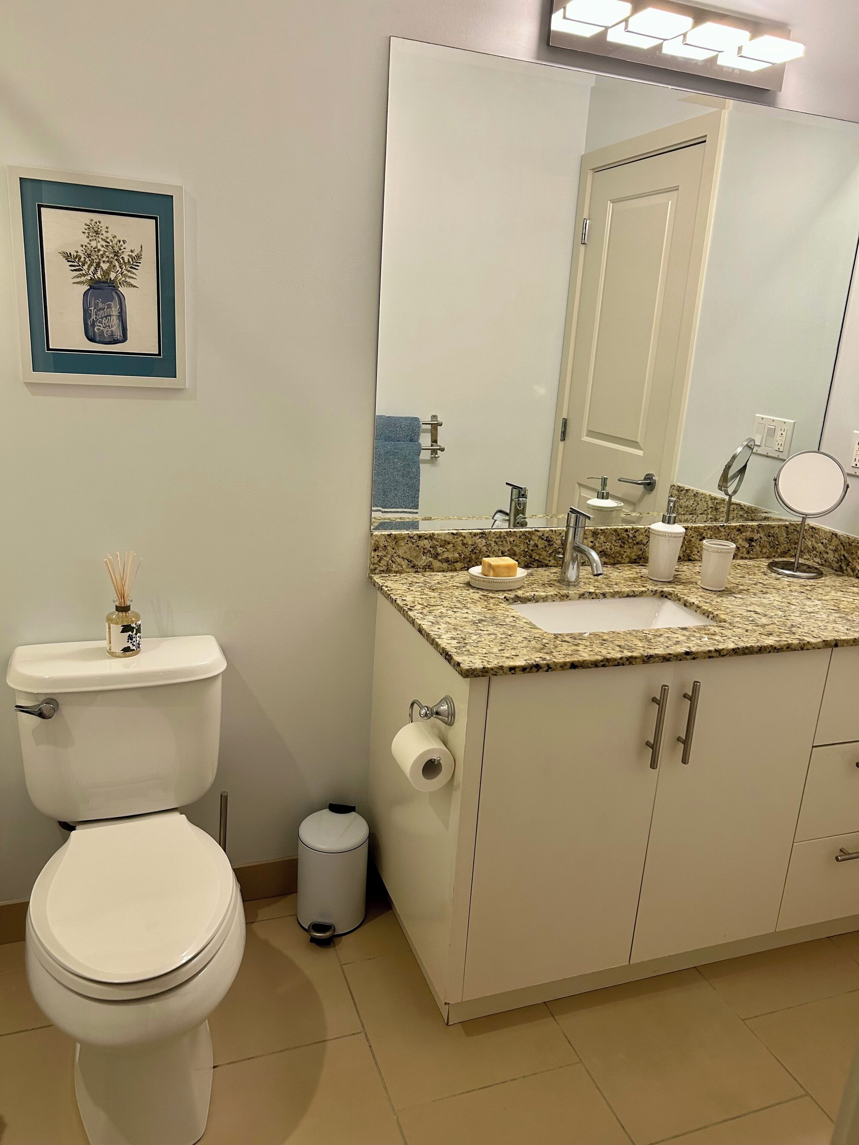 A bathroom with a toilet, sink, mirror, and a framed picture on the wall.