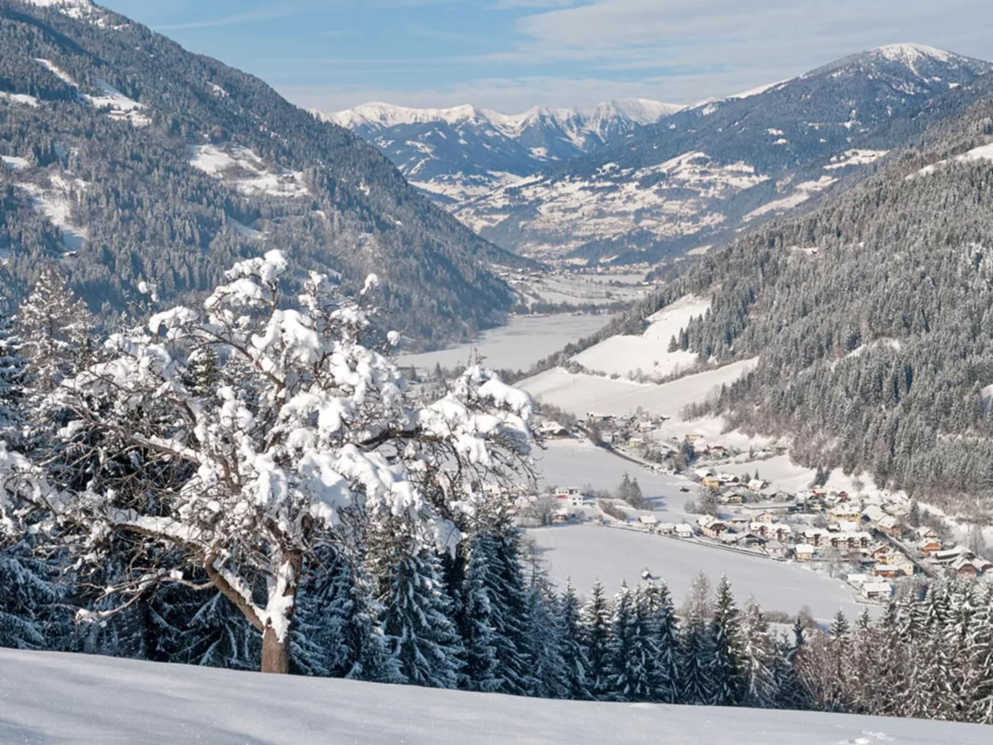 A snow-covered valley with a river, surrounded by mountains and dense forests.