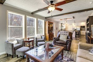 TV, fireplace, books