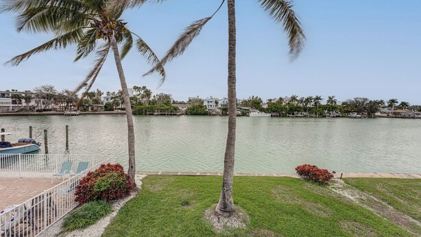 Vista al agua con palmeras, un muelle y un barco.