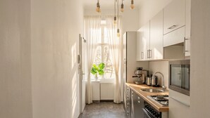 A narrow kitchen with a window, a potted plant, and modern appliances. - Cozy Convenient Room Prime Location (Vienna)