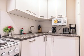 Basic-Apartment | Eigene Küche | Mini-Kühlschrank, Mikrowelle, Ofen, Herdplatte