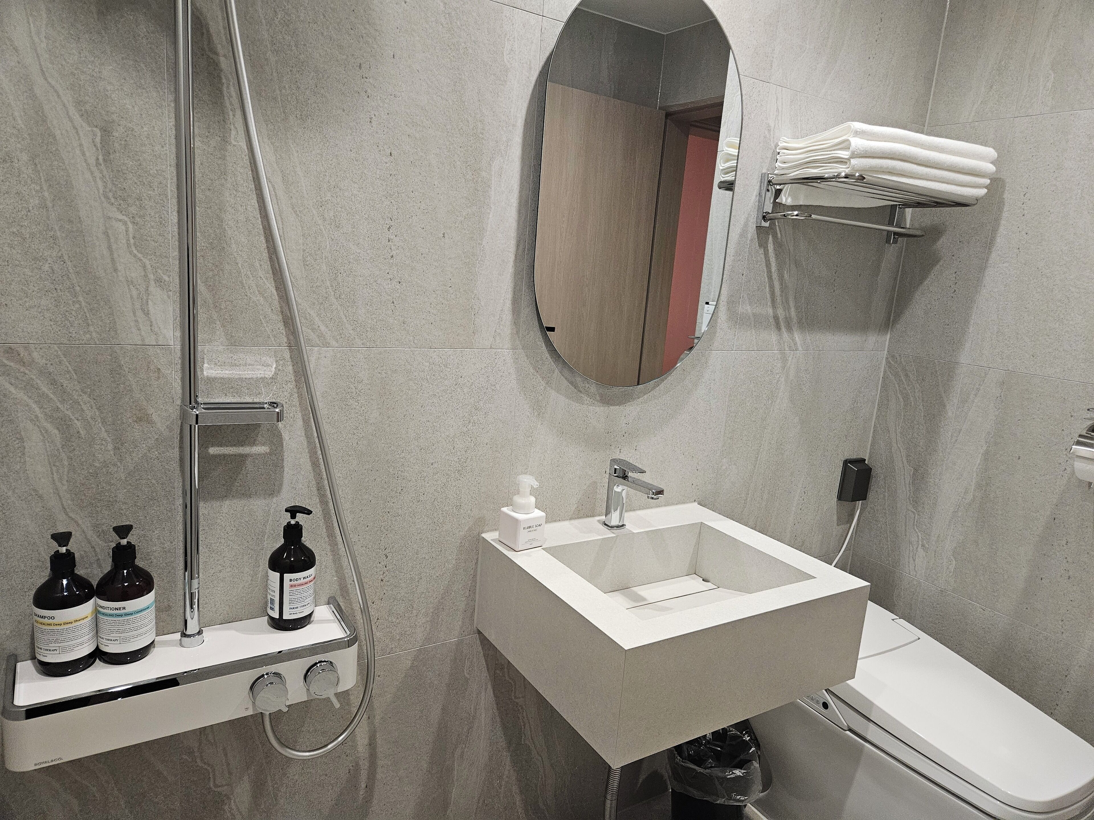 Une salle de bain moderne avec un lavabo rectangulaire, une douchette à main et des toilettes. On peut voir des bouteilles de shampoing et d’après-shampoing sur le bord du lavabo.