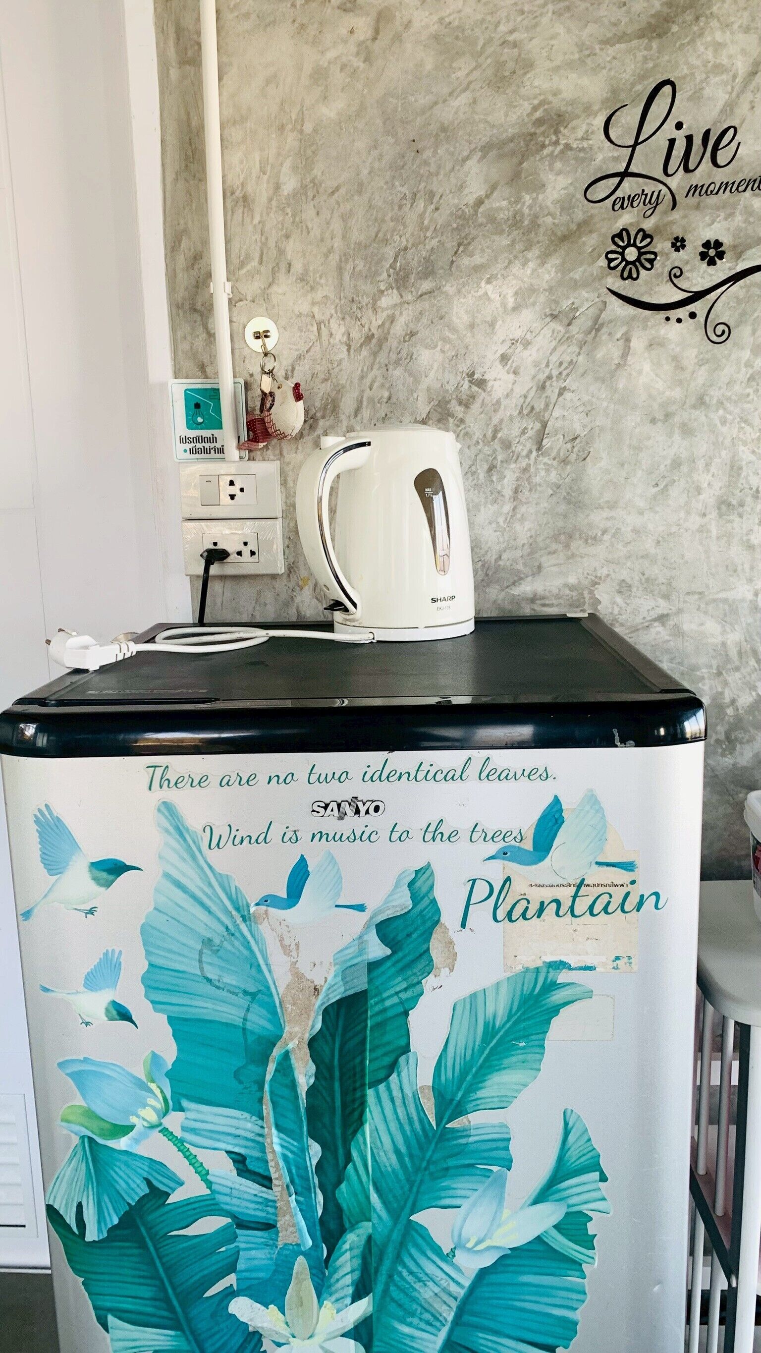 A refrigerator with a tropical leaf design and a Sharp coffee maker on top.