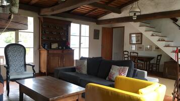 Télévision, cheminée, lecteur de DVD, table de tennis de table