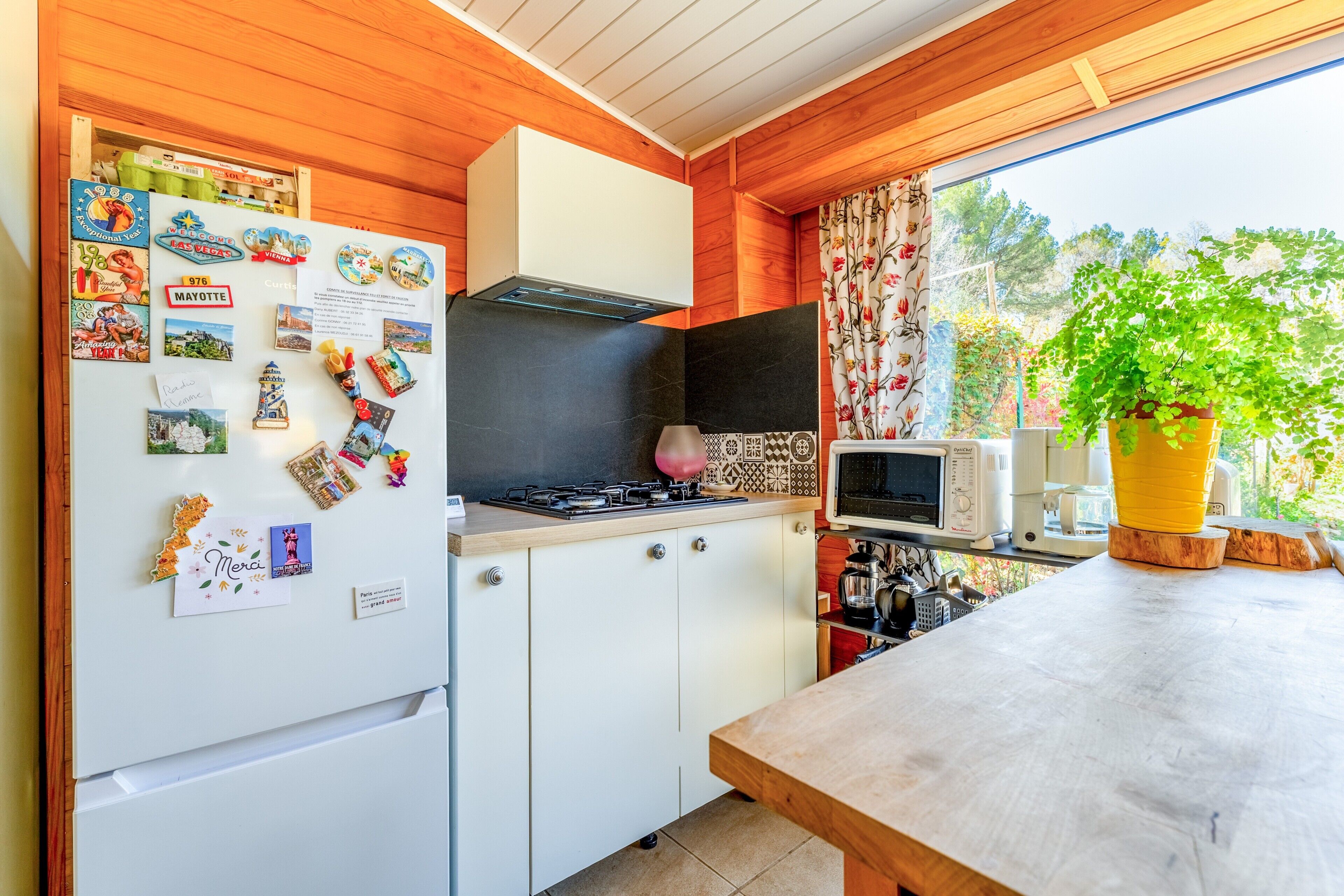 Een koelkast, een magnetron, een oven, een kookplaat