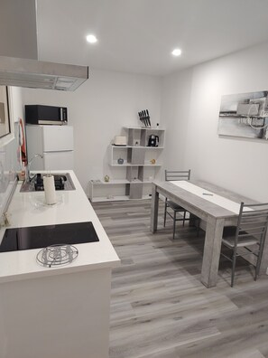 Fridge, microwave, stovetop, electric kettle