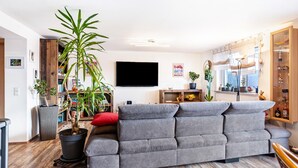 A living room with a grey sofa, a large potted plant, a flat-screen TV, and a wooden cabinet. - Apartment 'Terrassenblick' with Mountain View, Private Terrace, and Wi-Fi (Sankt Georgen)