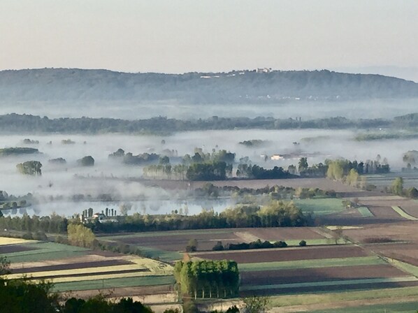 Paesaggio rurale con campi, alberi e una collina in lontananza.