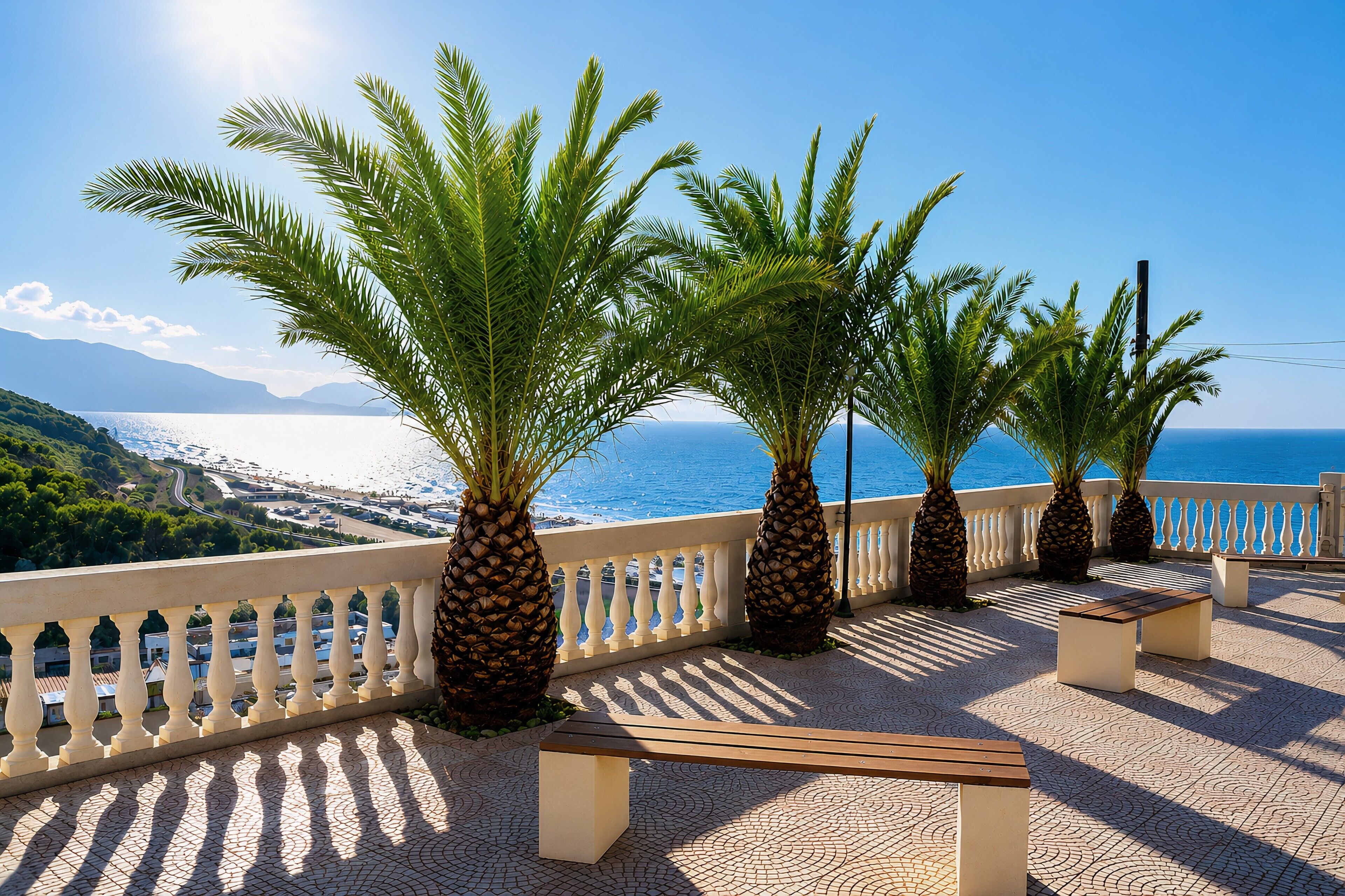Ein Balkon mit Blick auf das Meer, Palmen und einem gefliesten Boden.