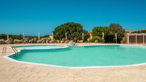 Une piscine à l’eau d’un bleu cristallin, entourée d’une zone pavée agrémentée de rochers et d’arbres.