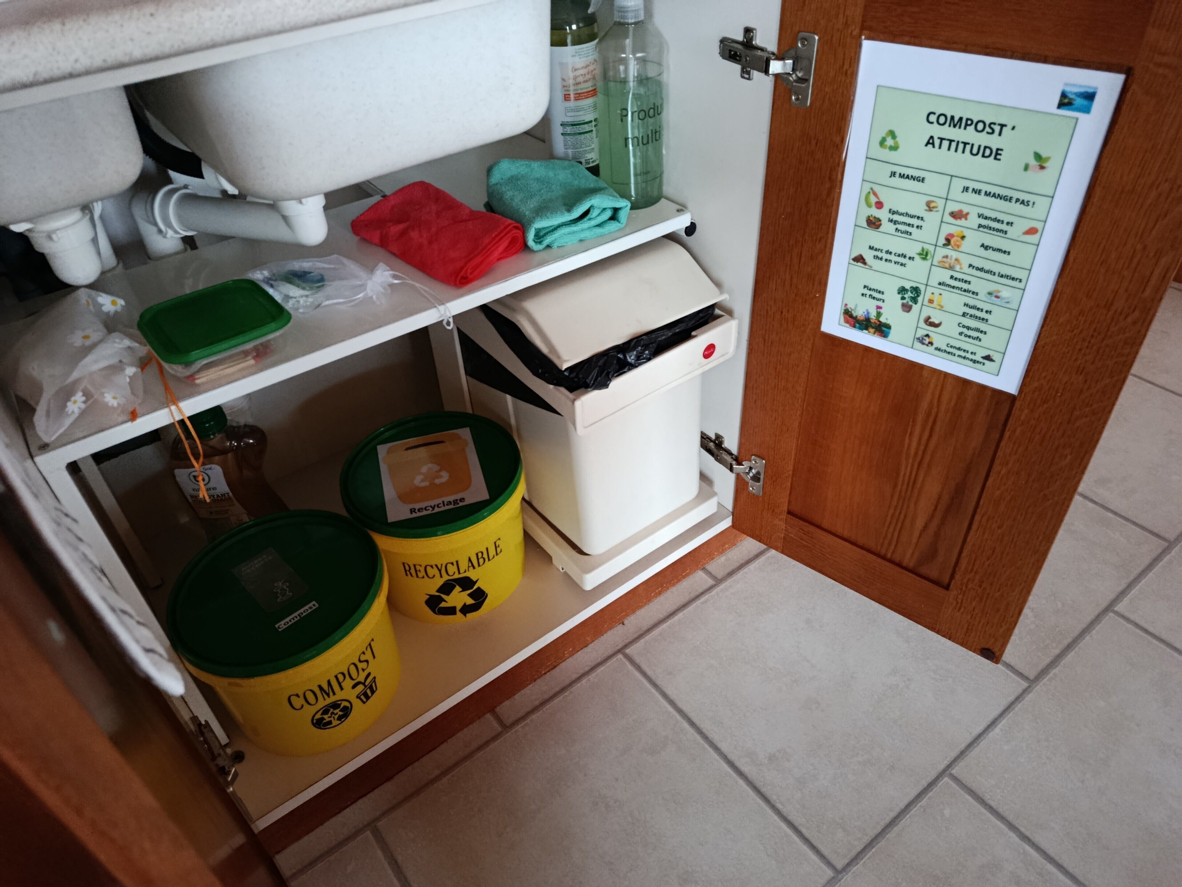 Une cuisine équipée d’un bac à compost, d’un bac de recyclage et d’une porte ornée d’une affiche sur le thème du compostage.