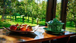 A table with a fruit bowl and a green ceramic pitcher, a window with a view of a park.