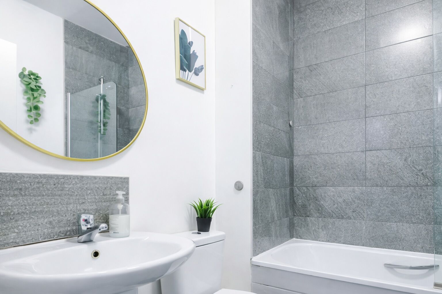 Hair dryer, towels, soap, shampoo