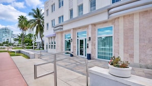 A modern hotel with a clean, white facade, large glass windows, and a well-maintained outdoor area with palm trees and a planter with flowers. - Miami Beach Escape Delightful 1 Bedroom  (Miami Beach)