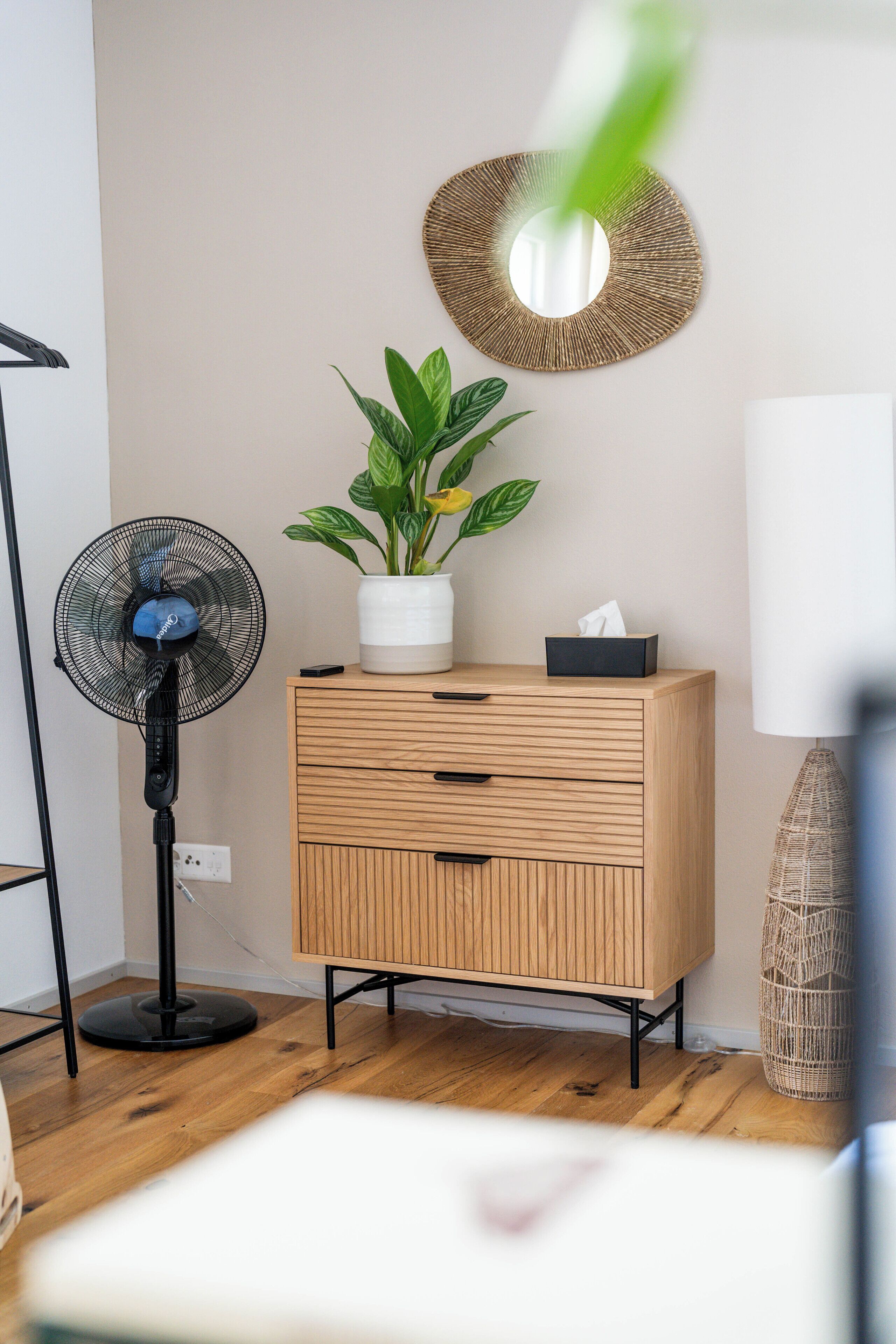 A room with a wooden cabinet, a standing fan, a potted plant, and a wall-mounted light fixture.