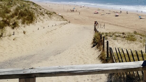 A beach with a wooden fence, sandy dunes, and the ocean in the background. - In the heart of the village, 70 m2 Landes house ideal for a family of 4 people (Léon)
